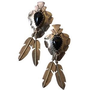 Native American Silver Tone & Faux Onyx Arrowhead + Feather Dangle Drop Earrings